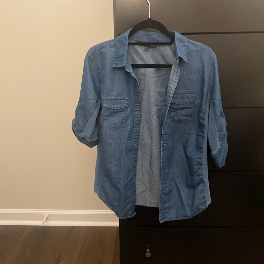 Blue denim button up with gold hardware